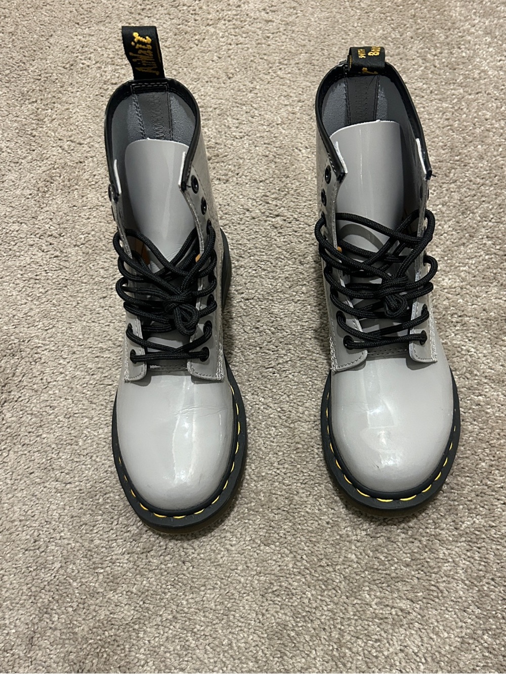 Dr. Martens Women's Patent Lace-Up Boots in Light Grey with Black Trim